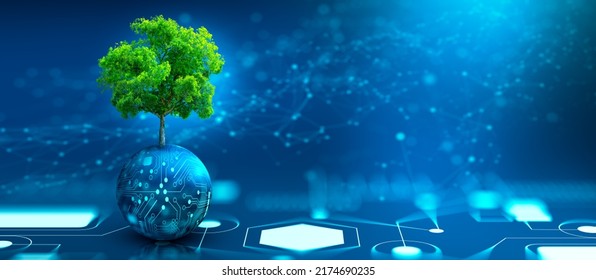 Tree growing on Circuit digital ball. Digital and Technology Convergence. Blue light and Wireframe network background. Green Computing, Green Technology, Green IT, csr, and IT ethics Concept. - Shutterstock ID 2174690235