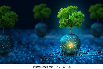 Tree growing on Circuit digital ball. Digital and Technology Convergence. Blue light and Wireframe network background. Green Computing, Green Technology, Green IT, csr, and IT ethics Concept. - Powered by Shutterstock - Get 15% off with code: PIKWIZARD15