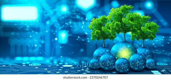 Tree growing on Circuit digital ball. Digital and Technology Convergence. Blue light and Wireframe network background. Green Computing, Green Technology, Green IT, csr, and IT ethics Concept.