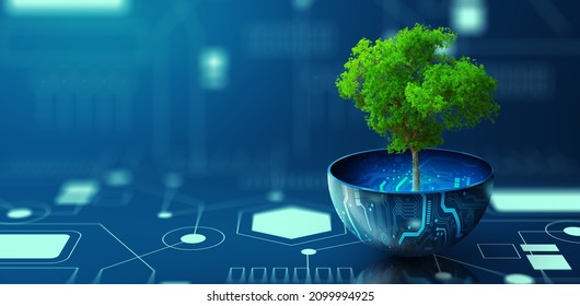 Tree Growing On Digital Plant Pot. Eco Technology And Technology Convergence. Green Computing, Green Technology, Green IT, Csr, And IT Ethics Concept.