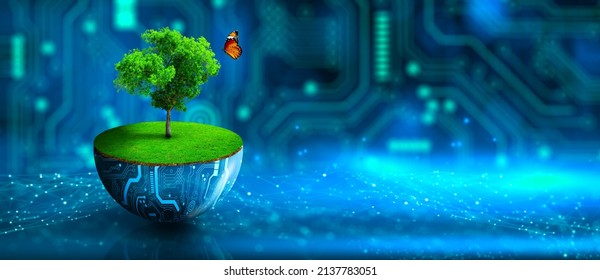 Tree growing on digital plant pot. Eco Technology and Technology Convergence. Green Computing, Green Technology, Green IT, csr, and IT ethics Concept. - Shutterstock ID 2137783051