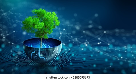 Tree growing on digital plant pot. Eco Technology and Technology Convergence. Green Computing, Green Technology, Green IT, csr, and IT ethics Concept. - Shutterstock ID 2185095693