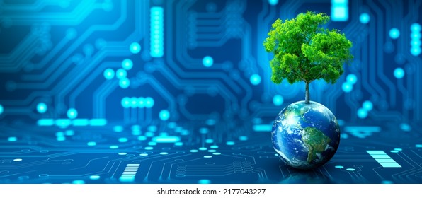 Tree growing on Earth with abstract blue background. Environmental Technology, Earth day, Energy saving, Environmentally friendly, csr, and IT ethics Concept. Elements furnished by NASA. - Shutterstock ID 2177043227