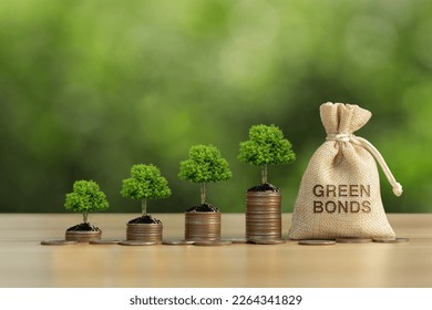 The tree grows on a pile of coins and a money bag in the word green Bonds with green background. Investment on bonds concept. Raising funds to fund environmentally friendly projects.Green bonds.