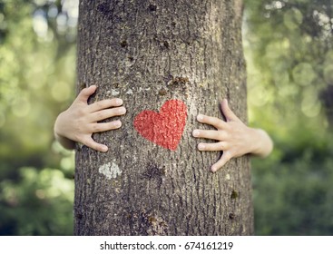 Tree hugging, little boy giving a tree a hug with red heart concept for love nature