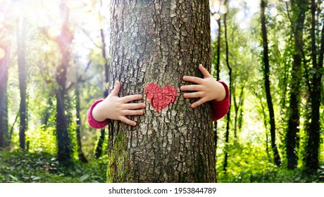 Tree Hugging - Love Nature - Child Hug The Trunk With Red Heart Shape - Shutterstock ID 1953844789