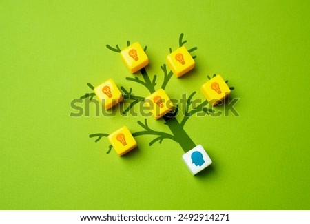 The tree of ideas grows from a persons head. Creativity and ingenuity. Give birth to a new idea. Sharing a vision, influencing opinions. Generate ideas for improving work and solutions.