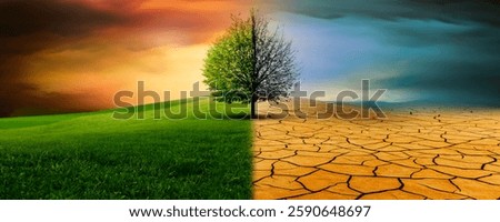 Tree in an imaginary landscape in climate change from drought to green growth