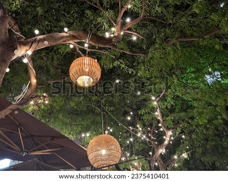 Tree with lights hanging from it's branches and decorative ornaments to light the night away in garden.