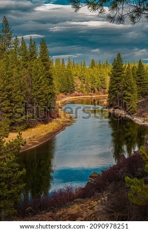 Image, Stock Photo Sunriver Oregon at dusk, the Deschutes River with beautiful colors from the sky reflect off the still water