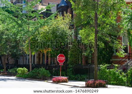 Tree lined Sidewalk with a Stop Sign in front of Old Homes in the Gold Coast Neighborhood of Chicago