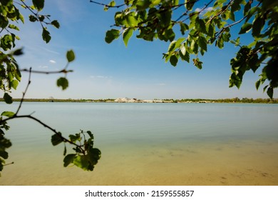 Tree On The Water. Sand Quarry Near A Blue Water Pond