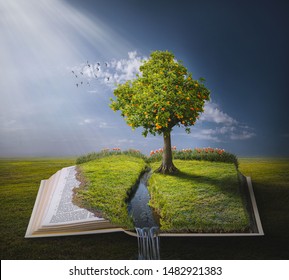 A tree planted by the water growing on top of the pages of an open Bible