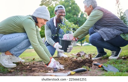 Tree planting, community service and volunteering group in park, garden and nature for sustainable environment. Climate change, soil gardening and earth day project for growth, care and green ecology - Powered by Shutterstock