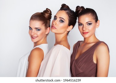 Tree Pretty Stylish Young Woman With Same Hairstyle And Makeup, Best Friend Together Having Fun, Lifestyle People Concept