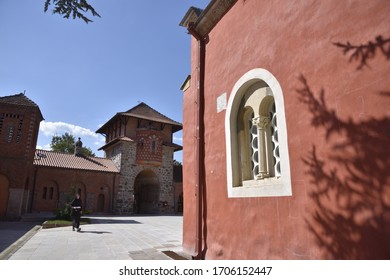 Tree Shadow On The Outer Wall Of The Monastery, Walking Nun. At Kraljevo City,Serbia .In October 2019.