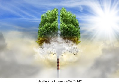 Tree in a shape of lungs with chimney instead of trunk, eco concept, pollution