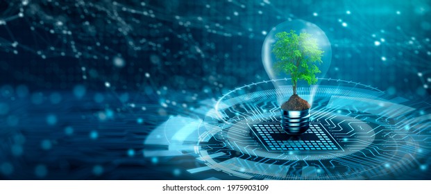 Tree with soil growing on Light bulb. Digital Convergence and and Technology Convergence. Blue light and network background. Green Computing, Green Technology, Green IT, csr, and IT ethics Concept. - Shutterstock ID 1975903109