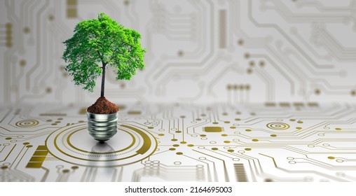 Tree with soil growing on  Light bulb. Digital Convergence and and Technology Convergence. Blue light and network background. Green Computing, Green Technology, Green IT, csr, and IT ethics Concept. - Shutterstock ID 2164695003