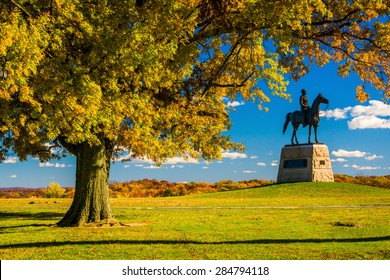 Tree And Statue On A Battlefield At Gettysburg, Pennsylvania.