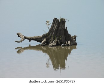 A tree stump submerged within the wetland water with a small painted turtle basking in the summer sun. Blackwater National Wildlife Refuge, Dorchester County, Cambridge, Maryland.
