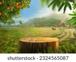 Tree Table wood Podium in farm display for food, perfume, and other products on nature background, Table in farm with orange tree and grass, Sunlight at morning	
