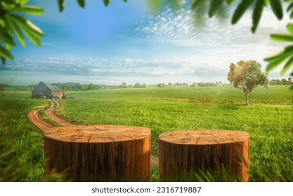 Tree Table wood Podium in farm display for food, perfume, and other products on nature background, Table in farm with grass, Sunlight at morning	
 - Shutterstock ID 2316719887