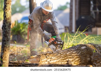 Tree trimmer using chainsaw and gear to cut down large oak tree. - Powered by Shutterstock