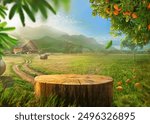 Tree trunk wood Podium display for food, perfume, and other products on nature background, farm with grass and Orange tree, Sunlight at morning	
