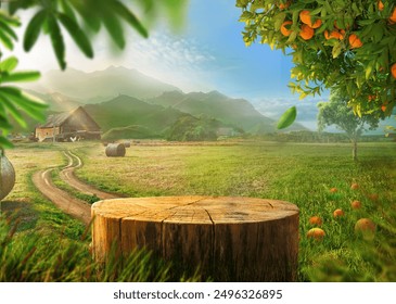 Tree trunk wood Podium display for food, perfume, and other products on nature background, farm with grass and Orange tree, Sunlight at morning	
 - Powered by Shutterstock