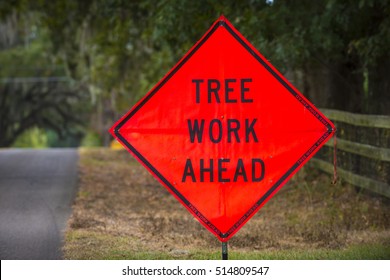 Tree Work Ahead Large Orange Road Sign Warning Caution Crew Working 