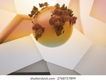 Tree-covered globe is floating in 3D render studio, showing Africa and Europe, white planes. Earthlike, orb, continents, landmass, panels, geometry, minimalism - Powered by Shutterstock - Get 15% off with code: PIKWIZARD15