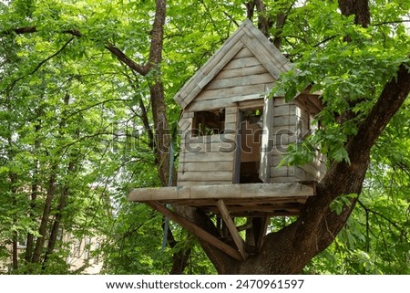 Treehouse perched in backyard tree ,where kids can create their own world, inventing games and adventures.