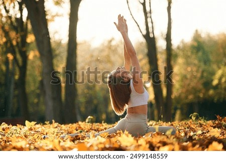Trees at background, doing exercises. Young beautiful woman is doing yoga in the autumn park.
