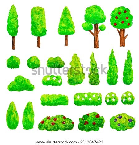 Trees and bushes acrylic painting clipart on isolated white background, Stylize tree and plant painting on canvas, kids painting nature garden plants graphic elements, Cartoon style tree and bushes