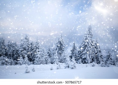 Trees Covered With Hoarfrost And Snow In Winter Mountains - Christmas Background