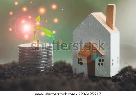 Trees growing on stack of coins money and model house on natural green background, investment and business concept, real estate investment, saving money to buy house concept.