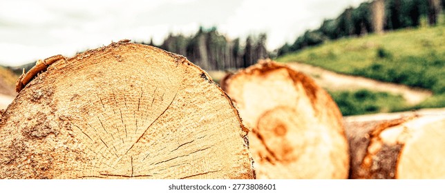 Trees. Logs are a bunch at the ranch. Log trunks pile, the logging timber forest wood industry. Felling trees in forest.