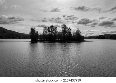 Trees On A Small Island In Alder Lake Under A Cloudy Sky.