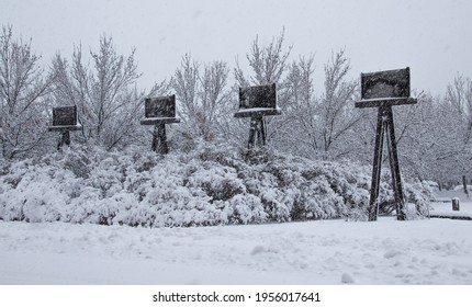 Trees And Post In Empty Streets Under A Severe Winter Storm In Montreal, Quebec, Canada