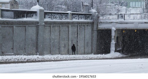 Trees And Post In Empty Streets Under A Severe Winter Storm In Montreal, Quebec, Canada