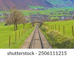 Trees and railway on the foot of Mt. Stanserhorn in Switzerland in the beginning of May. Mt. Stanserhorn is a mountain located in the Swiss canton of Nidwalden, near the town of Stans.