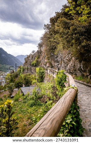 Trees and stone path on Rec del Sola trail in Andorra la Vella on a sunny day