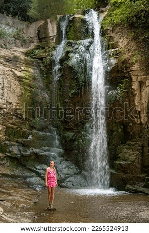 trees waterfall bridge one girl in pink dress stands