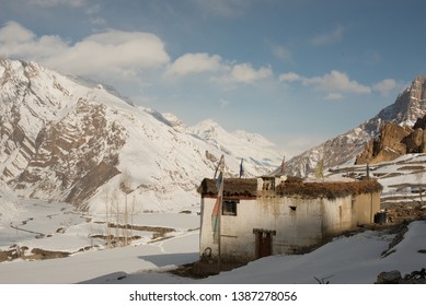 Trek in winters - village in winter spiti in himalayas -