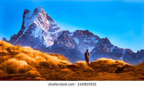 A trekker in front of Fishtail Mountain in Nepal walking the trail of mardi Himal