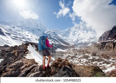 Trekker girl on the way to Annapurna base camp, Nepal