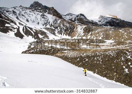 Trekker with Himalya range in Nepal