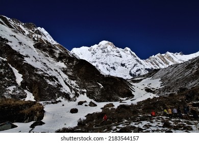 Trekker Walking Mountain Peak On The Annapurna Base Camp Trekking Route,abc Mountain Nepal