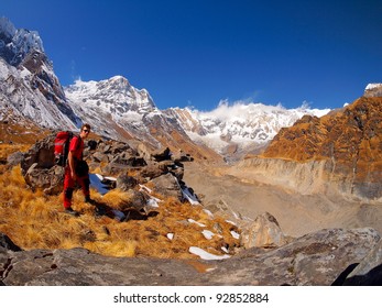 Trekkers In Annapurna Himal Region Of North Central Nepal